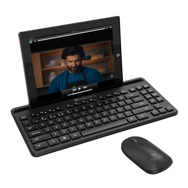 zebronics Companion 110 Wireless Keyboard and Mouse Set with Bluetooth multiconnect, 2.4GHz Receiver, 2 Months* Backup, 1600DPI, Smartphone/Tablet Holder, Built in Rechargeable Battery