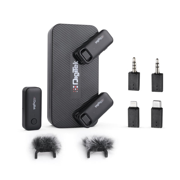 Digitek® DWM-106 2-in-1 Wireless Microphone System, 80M Range, Noise Cancellation & Reverberation Mode, 360° Sound Capture, Lightning/Type-C/TRRS/TRS Adapter Support for DSLR/Camcorder/Android & iOS