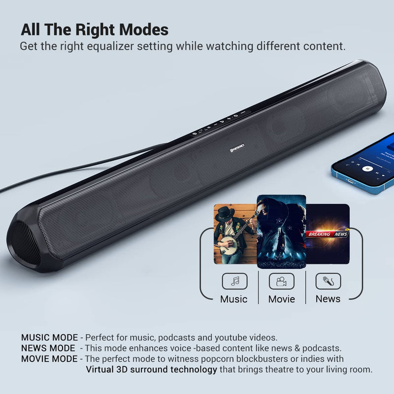 Portronics Sound Slick 7 50W Wireless Bluetooth Soundbar with Aux in 3.5 mm, in-Built Power Cable, Supports USB Flash Drive, Multiple Audio Modes for TV, Mobile, PC, Tablets, Laptops(Black)