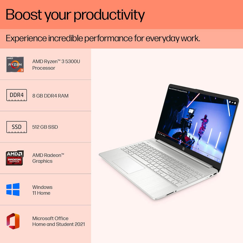 HP 15S-EQ2143AU AMD RYZEN 3-5300U/8GB/512GB SSD/15.6"FHD/WINDOWS11+MS OFFICE 2021/SILVER