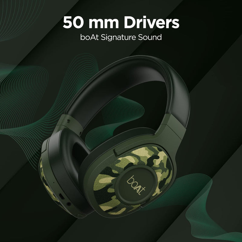 boAt Rockerz 550 Over Ear Bluetooth Headphones with Upto 20 Hours Playback, 50MM Drivers, Soft Padded Ear Cushions and Physical Noise Isolation, without Mic (Army Green)