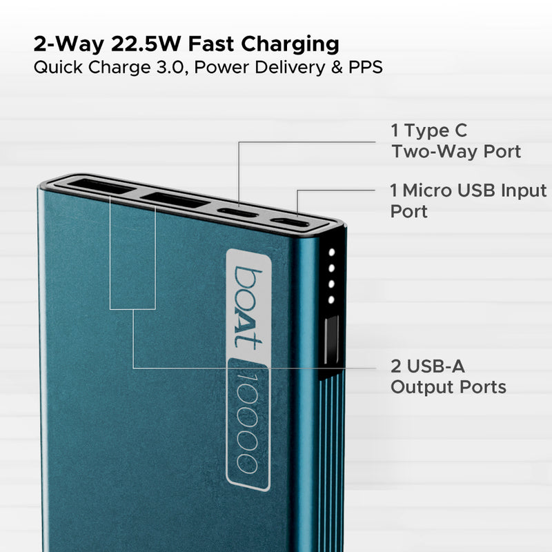 boAt Energyshroom PB300 Power bank with 10000mAh Battery, 22.5w Fast Charging, 12-Layer Smart IC Protection, LED Indicators and Aluminum Alloy Casing