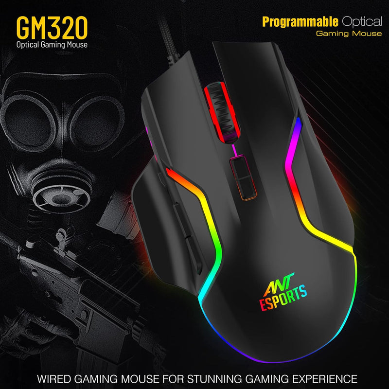 Ant Esports GM320 RGB Optical Wired Gaming Mouse | 8 Programmable Buttons | 12800 DPI I Ergonomic Design with braided cable - Black