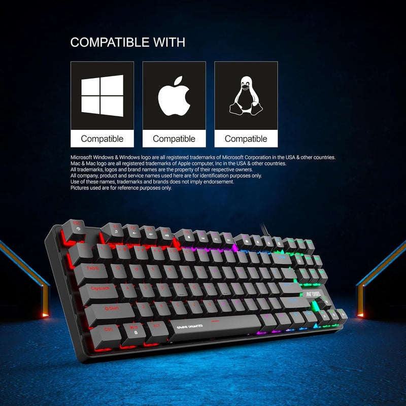 Ant Esports Gaming Keyboard MK1000 TKL Mechanical Multicolor LED Backlit Wired -Black with Outemu Blue Switch