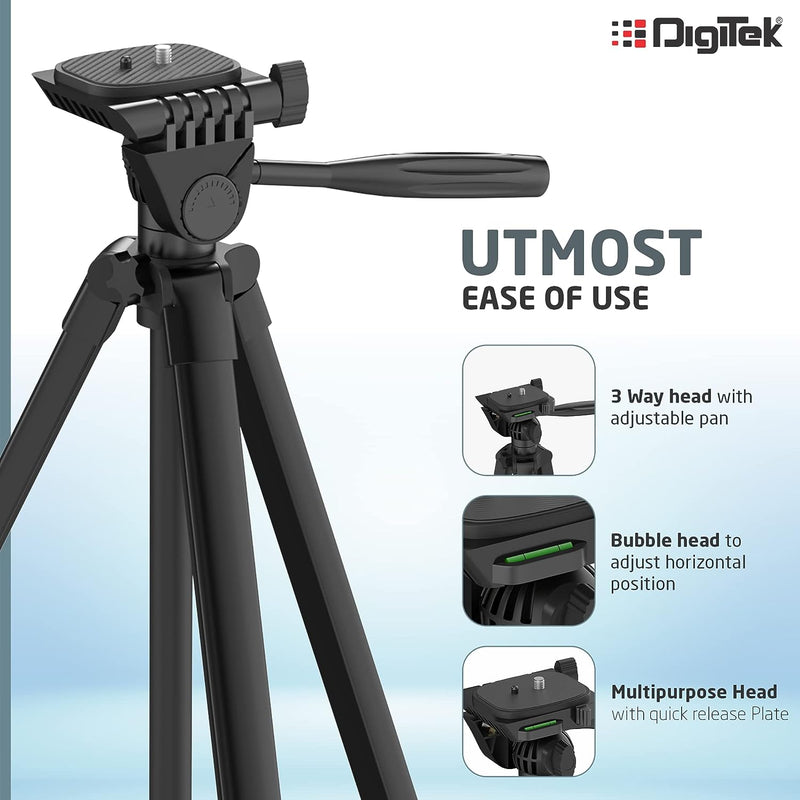 DIGITEK (DTR 480LW) 57 Inch Portable Aluminium Alloy Tripod with Smartphone Holder & 360° Ball Head, 3 Section Adjustment, 2kg Load Capacity, Carry Bag, Compatible with Smartphone, Video Camera, DSLR.