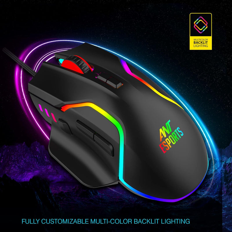 Ant Esports GM320 RGB Optical Wired Gaming Mouse | 8 Programmable Buttons | 12800 DPI I Ergonomic Design with braided cable - Black