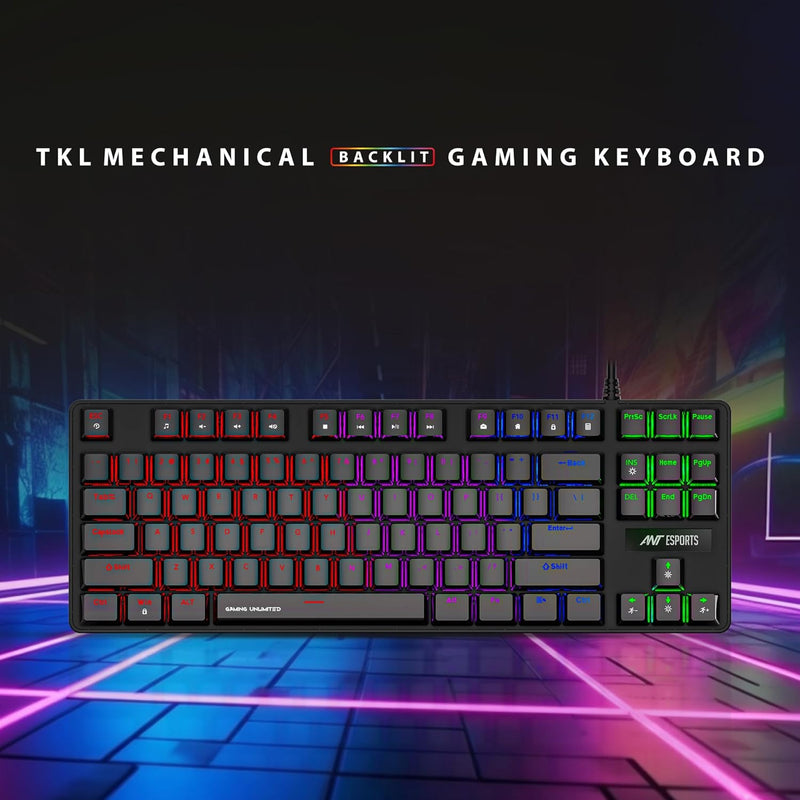 Ant Esports Gaming Keyboard MK1000 TKL Mechanical Multicolor LED Backlit Wired -Black with Outemu Blue Switch