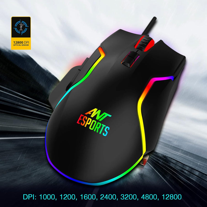 Ant Esports GM320 RGB Optical Wired Gaming Mouse | 8 Programmable Buttons | 12800 DPI I Ergonomic Design with braided cable - Black