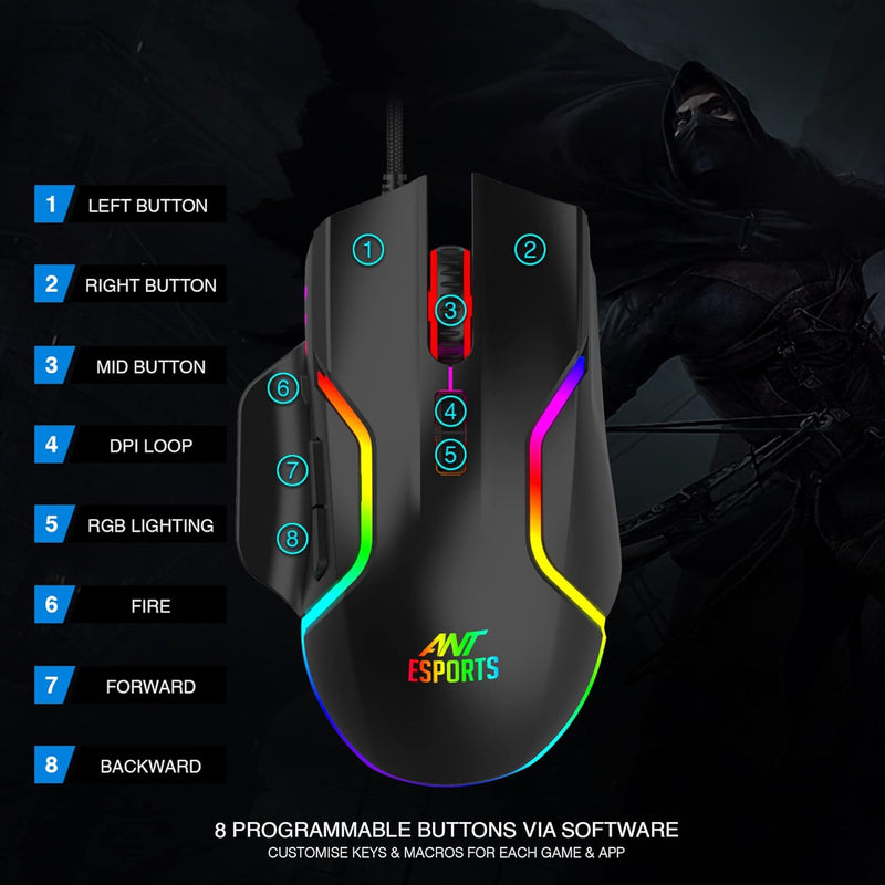 Ant Esports GM320 RGB Optical Wired Gaming Mouse | 8 Programmable Buttons | 12800 DPI I Ergonomic Design with braided cable - Black