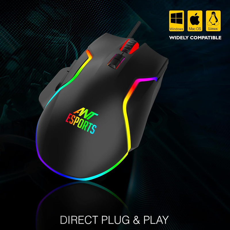 Ant Esports GM320 RGB Optical Wired Gaming Mouse | 8 Programmable Buttons | 12800 DPI I Ergonomic Design with braided cable - Black