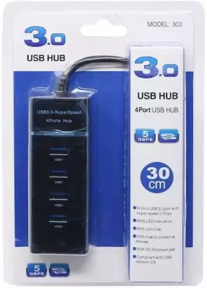 High Speed 4 Port 3.0 USB Hub (Black)