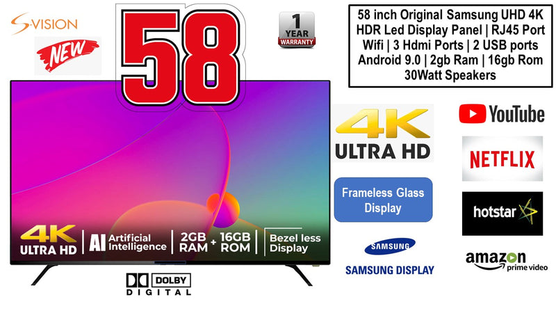 S-VISION 58 INCH ORIGINAL  SAMSUNG UHD 4K HDR LED TV